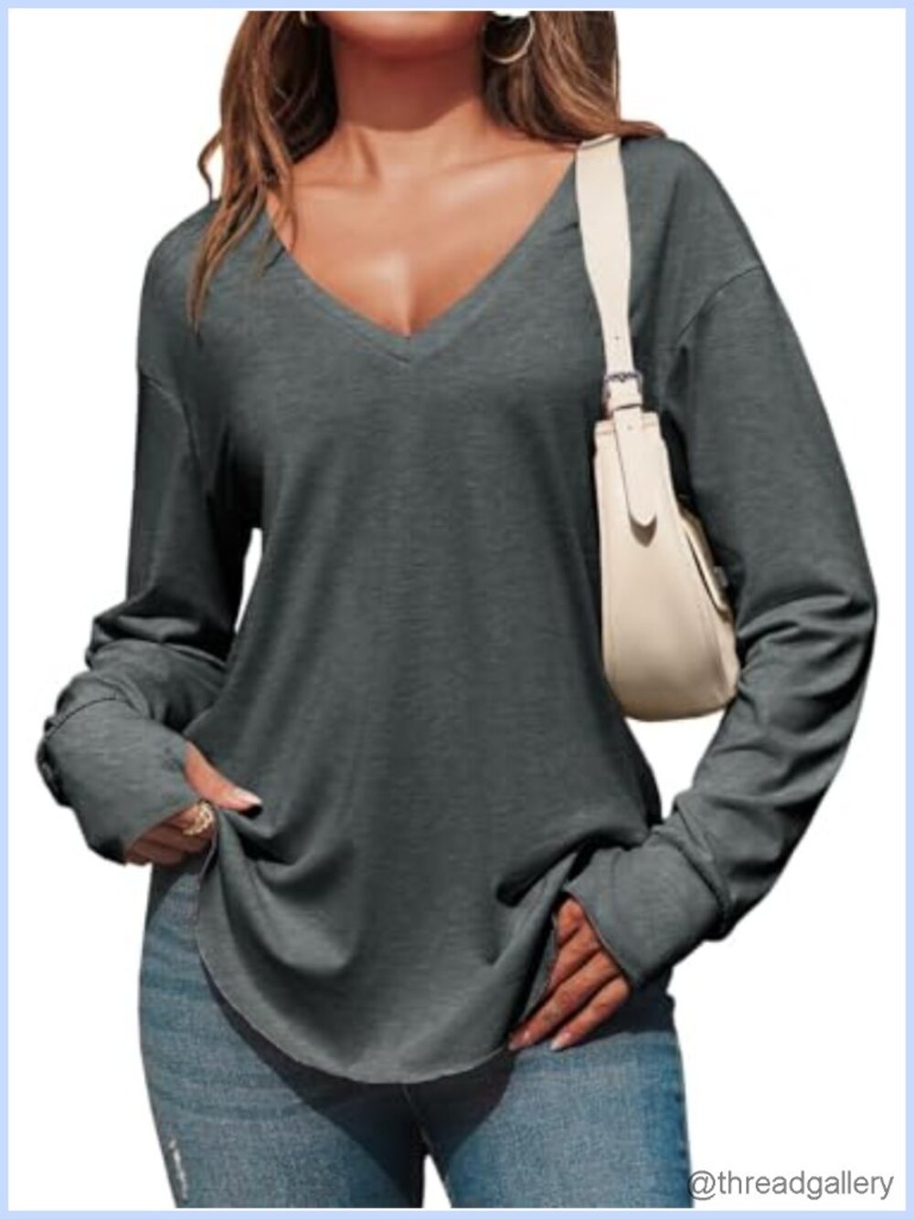 Womens Deep V Neck Long Sleeve Tunic Top Oversized T-Shirt Loose Fit Dolphin Hem